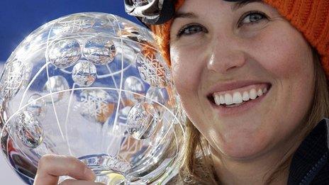 Sarah Burke celebrates after winning the ladies halfpipe freestyle FIS World Cup Grand Finals 2008 in Chiesa Valmalenco 12 March 2008