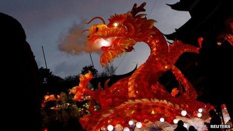 A dragon lantern seen at a park in Shanghai on 17 January 2012