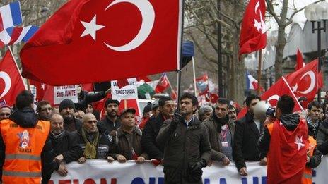 Turkish citizens from France and other European countries demonstrate in Paris Saturday Jan. 21, 2012, to protest against a law that makes it a crime to deny genocide against Armenians