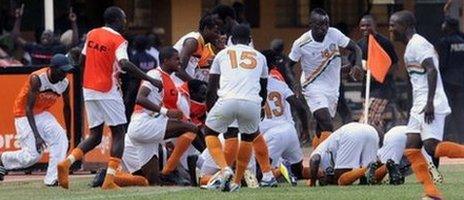 Players celebrate after qualifying for the Cup of Nations (Sept 2011)