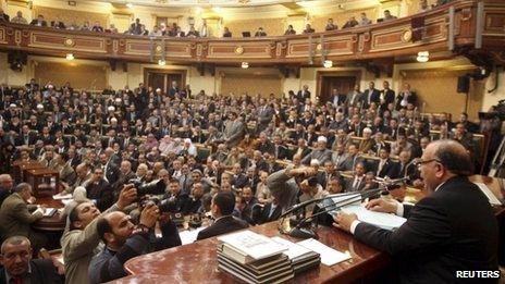 Mohammed Saad al-Katatni of the Muslim Brotherhood's Freedom and Justice Party sits in the speaker's chair in the People's Assembly (23 January 2012)