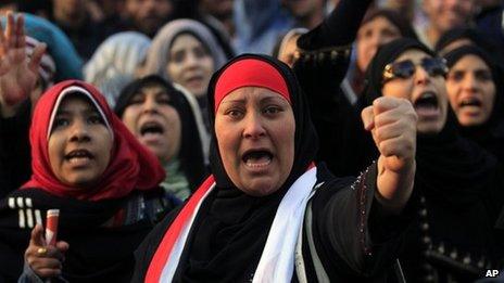 Women at a rally honouring demonstrators killed in clashes with security forces in Tahrir Square, Cairo (23 January 2012)