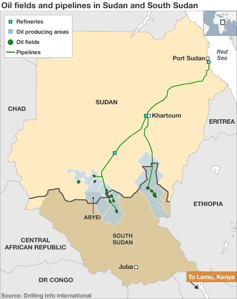 A map showing South Sudan and Sudan's oil fields