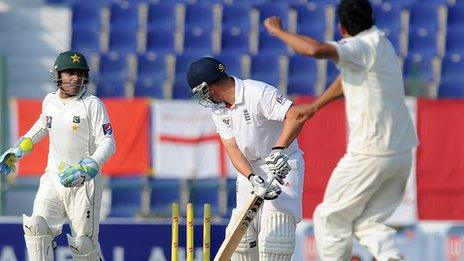 Jonathan Trott is bowled by Abdur Rehman