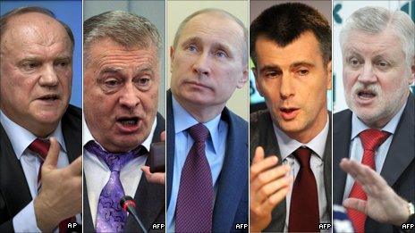 Candidates (l-r): Gennady Zyuganov, Vladimir Zhirinovsky, Vladimir Putin, Mikhail Prokhorov, Sergei Mironov