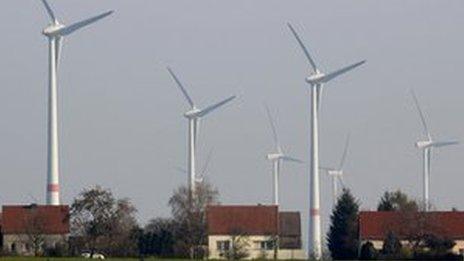 Wind turbines near houses