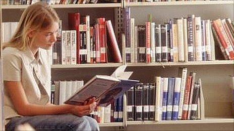 Girl in school library