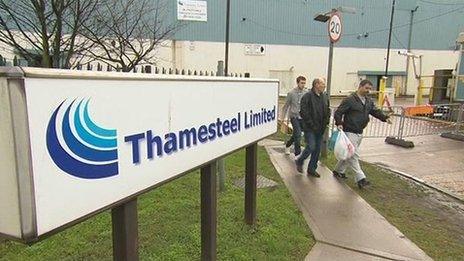 Workers leaving the meeting with Thamesteel's administrators