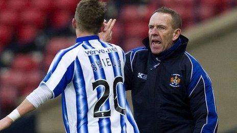 Kenny Shiels salutes his son, Dean, after the match-winning goal