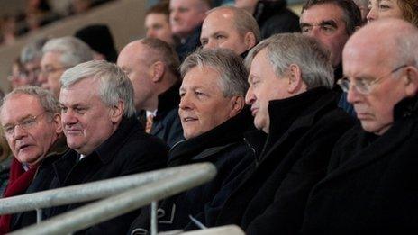 Deputy First Minister Martin McGuinness, Ulster GAA President Aogán " Fearghail, Stormont First Minister Peter Robinson, attending his first gaelic football match, GAA Director General Pauric Duffy and Cardinal Brady