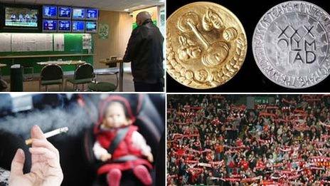 Betting shop, Olympic coins, football fans, smoker in car with child