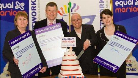 Johann Lamont, Willie Rennie, Patrick Harvie and Ruth Davidson make the Equality Network's Equal Marriage Pledge