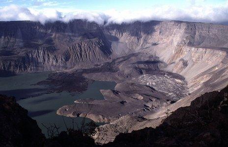 A volcanic "caldera" on the Galapagos Islands