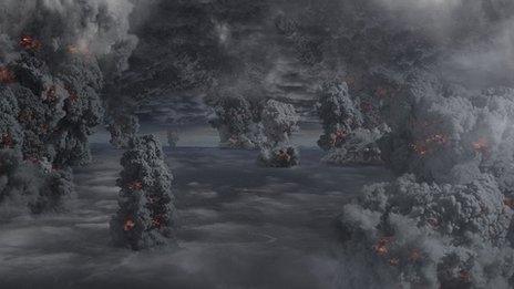 An artist's impression of multiple eruptions as a 'super volcano' explodes into life