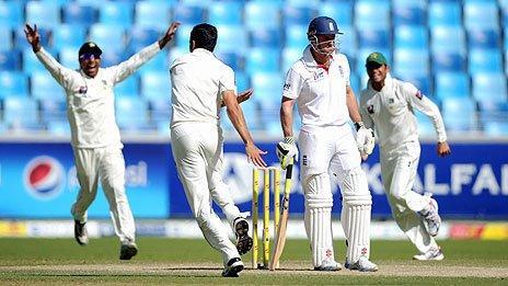 England captain Andrew Strauss is dismissed by Umar Gul of Pakistan