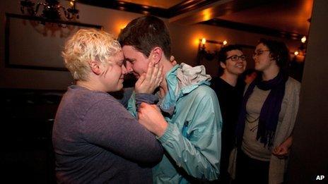 Kara Haney, left, and her partner of eight years Kate Wertin in Seattle's Capitol Hill neighbourhood as Washington State Senate passes a bill that would legalise gay marriage on 1 February 2012