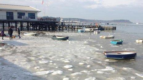 A view of Brownsea with the sea frozen