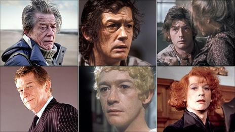 John Hurt in (clockwise from top-left) Whistle And I'll Come to You, Crime and Punishment, The Playboy Of The Western World, The Naked Civil Servant, I, Claudius, The Alan Clark Diaries