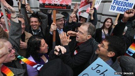 Celebrations outside Ninth US Circuit Court of Appeals in San Francisco, California, 7 February 2012