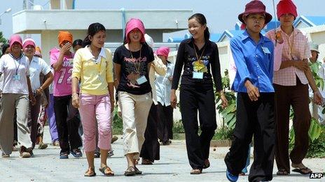 Workers outside a factory in Cambodia