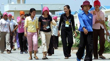 Workers outside a factory in Cambodia