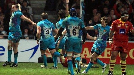 Exeter Chiefs celebrate a win over Perpignan in the Amlin Cup