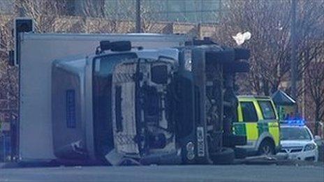 The overturned lorry