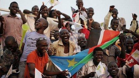 South Sudanese fans cheer their national team's first match in a friendly against Kenya side Tusker to celebrate independence last July