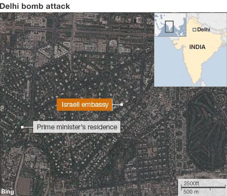 Map showing location of Delhi blast