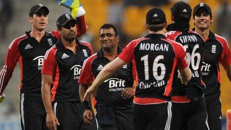 England celebrate a wicket