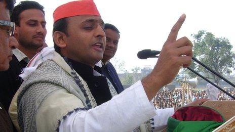 Akhilesh Yadav addresses a rally in Ambedkar Nagar