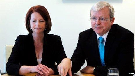 Julia Gillard and Kevin Rudd, pictured together on 7 August 2010