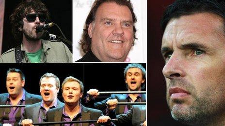 Clockwise from top left Super Furry Animals, Bryn Terfel, Gary Speed and Only Men Aloud