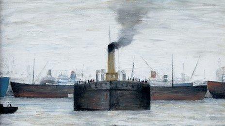 Oil painting, The Ferry, South Shields produced by LS Lowry in 1967