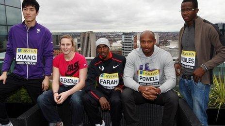 China's Liu Xiang, Great Britain's Holly Bleasdale and Mo Farah, Jamaica;s Asafa Powell and Cuba;s Dayron Robles