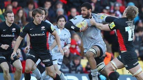 Leicester Tigers Steve Mafi on the charge against Saracens