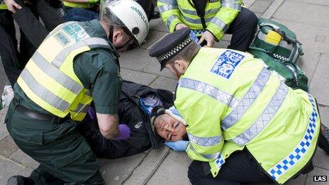 London Ambulance Service picture of emergency services treating a "patient" outside Aldwych underground station in central London as part of a security exercise