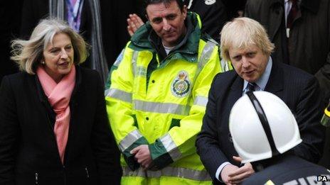 Home Secretary Theresa May and London Mayor Boris Johnson outside Aldwych underground station in central London as part of a security exercise