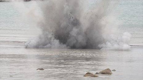 Detonation of a World War II anti-tank mine on Pembroke Bay by Guernsey Police's bomb disposal team