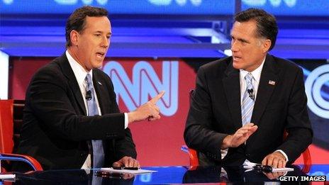 Rick Santorum and Mitt Romney - 22 February