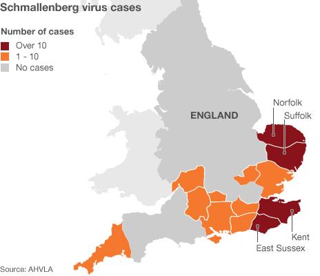 Map showing spread of Schmallenberg virus