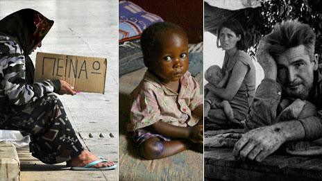 Beggar in Greece, refugee in Liberia, family in Great Depression