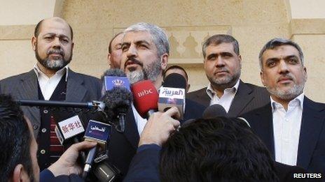 Hamas political leader Khaled Meshaal and his aides in Amman (29 January 2012)