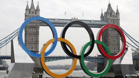 Olympic rings positioned in front of Tower Bridge on the River Thames