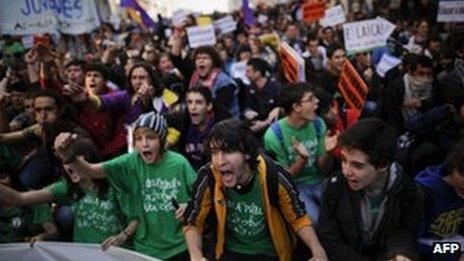 Students demonstrate during a protest against cuts to education budgets February 29, 2012 in Madrid