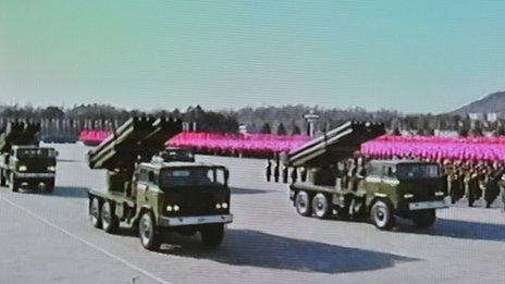 North Korean missile launchers on parade in Pyongyang, February 2012