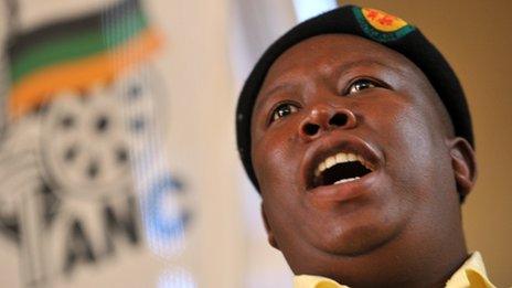 ANC's Youth Leader Julius Malema addresses supporters in Thaba Nchu, some 50 kilometres outside Bloemfontein on 6 January 2012, during a visit to mark South Africa's ruling African National Congress centenary.