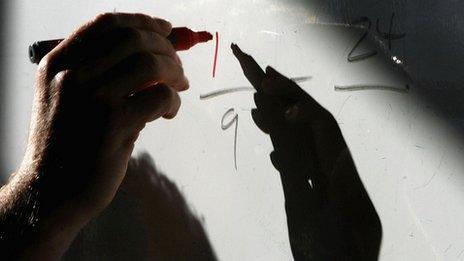 Teacher writing numbers on white board