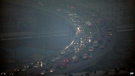 Peak hour traffic snake along an elevated road in Beijing under heavy smog, 1 March 2012