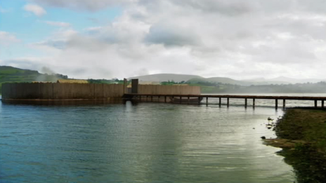 CGI recreation of a 9th Century wooden settlement on Llangorse lake